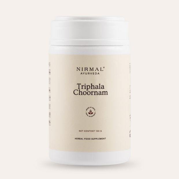 Nirmal Ayurveda Triphala Choornam container on a white background